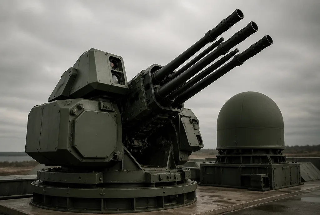 Die Kanone des Vanguard CIWS auf ihrer Betonplatte – gefährlich für alles, was in ihrem Bogen stehen bleibt.