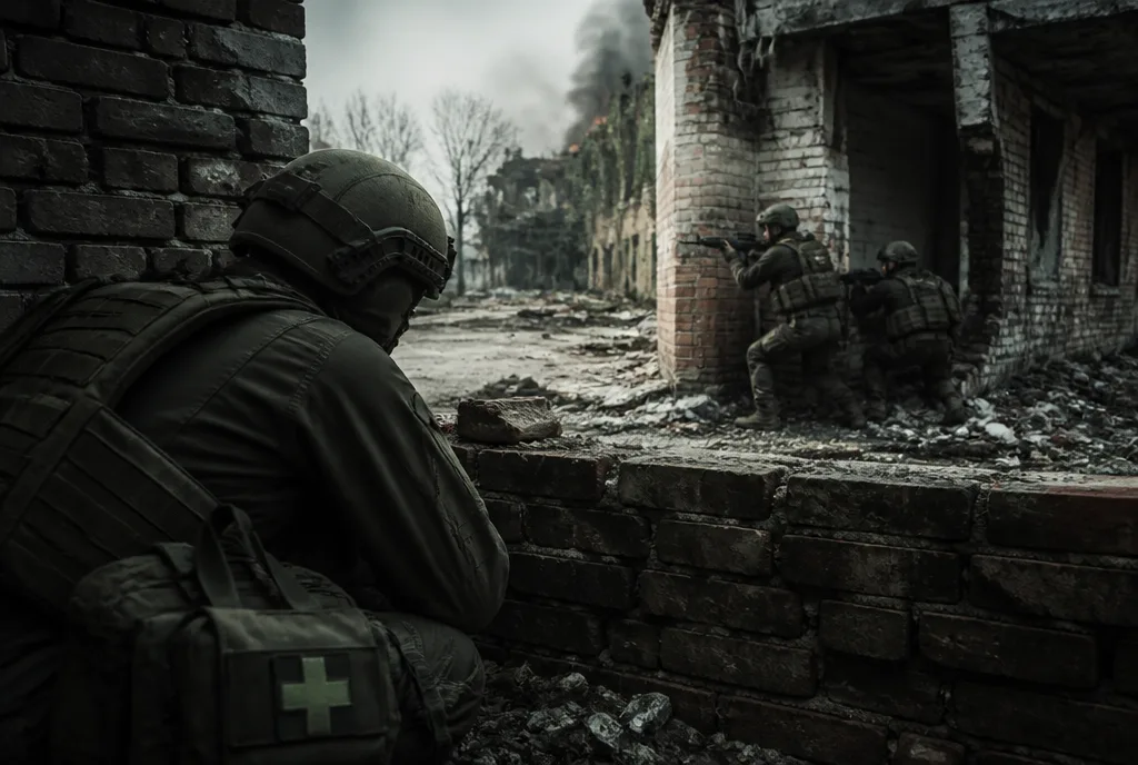 Der Sanitäter wartet eine Deckung hinter den Schützen – nah genug, um zu helfen, weit genug, um nicht als Erster gesehen zu werden.