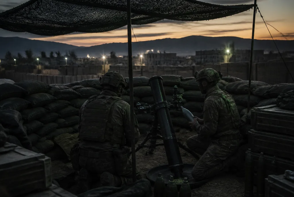 Der Mörser steht tief in der Basis hinter Sandsäcken – er braucht keinen Sichtkontakt, nur Munition und eine Markierung.