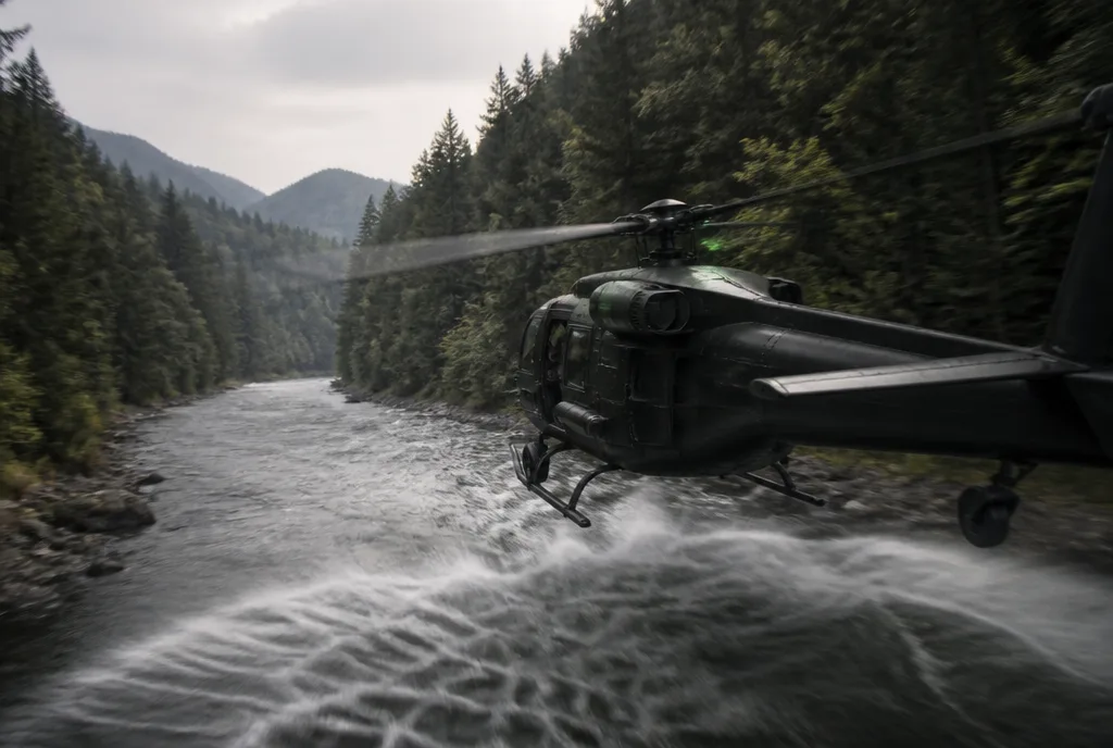 Ein leichter Helikopter fliegt dicht über einem Flusslauf zwischen Baumreihen.