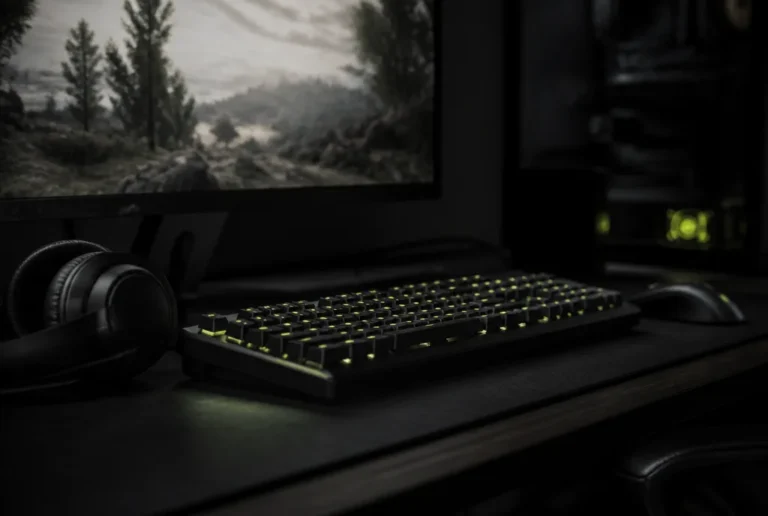 Dunkler Schreibtisch mit gruen beleuchteter Tastatur, Headset, Maus und leuchtendem Monitor