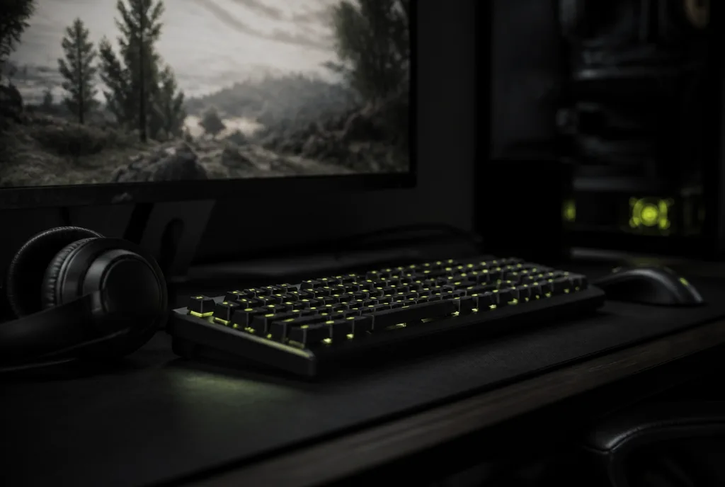 Dunkler Schreibtisch mit gruen beleuchteter Tastatur, Headset, Maus und leuchtendem Monitor