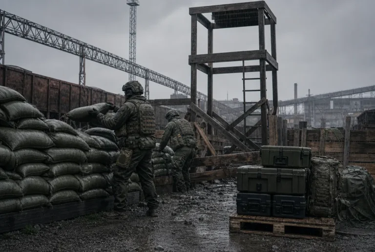 Zwei Soldaten bauen Sandsackwall und Wachturm in einer halbfertigen FOB