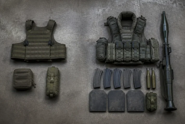 Zwei Ausruestungssaetze nebeneinander auf Beton: links leichte Weste mit zwei Taschen, rechts schwere Weste mit Werfer und Zusatzmunition