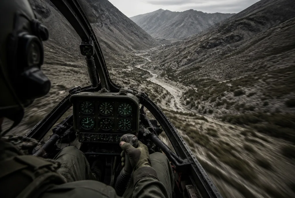 Blick aus dem offenen Cockpit eines leichten Helikopters, der tief ueber ein Bergtal fliegt