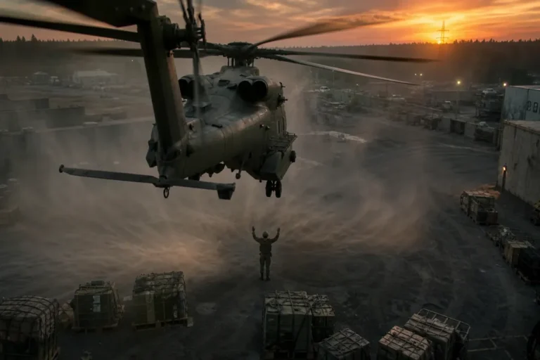 Transporthubschrauber schwebt über einem Industriehof, ein Soldat weist ihn ein