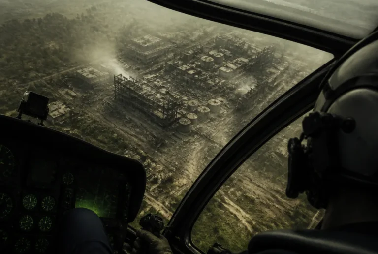 Blick aus dem Cockpit eines leichten Helikopters, der in steiler Schräglage ein Industriegelände umkreist