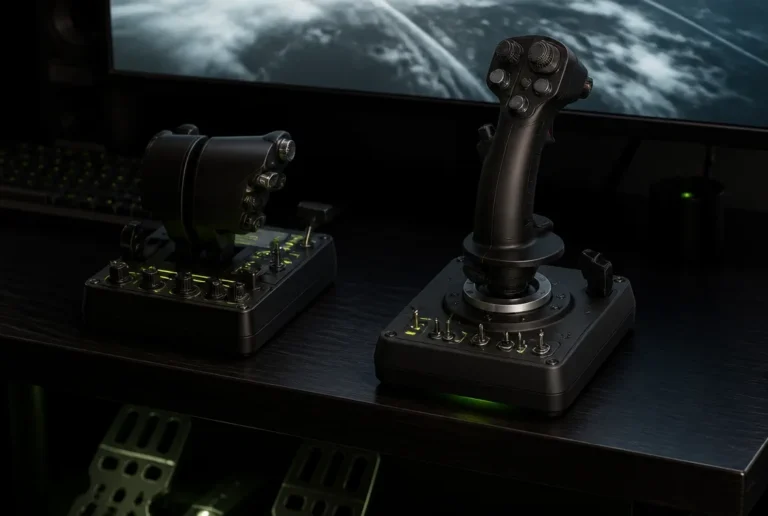 Joystick und Schubhebel eines HOTAS-Aufbaus auf einem dunklen Schreibtisch im Monitorlicht