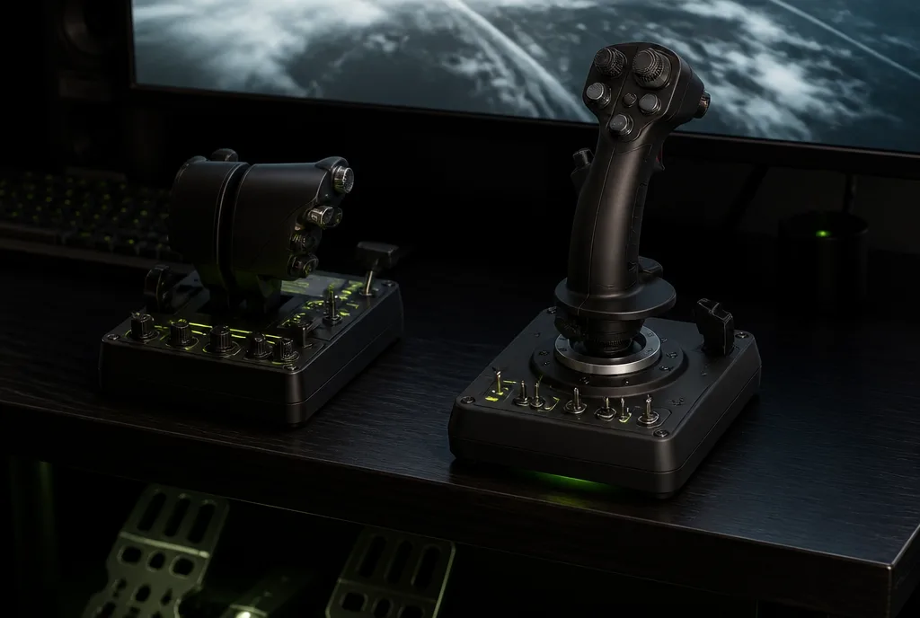Joystick und Schubhebel eines HOTAS-Aufbaus auf einem dunklen Schreibtisch im Monitorlicht