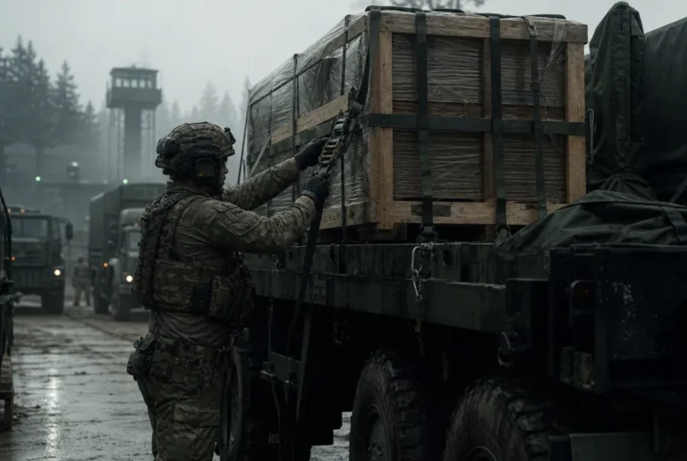 Soldat zurrt eine Versorgungspalette auf einem LKW fest