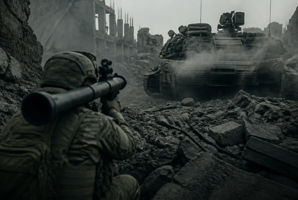 Soldat mit Panzerabwehrwaffe zielt aus Truemmern heraus auf das rauchende Heck eines Kampfpanzers
