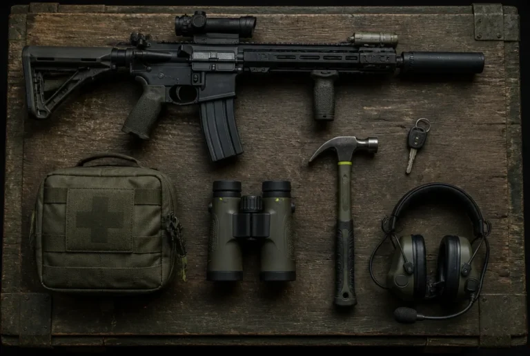 Auf einer Holzkiste liegen Sturmgewehr, Sanitaetstasche, Fernglas, Bauhammer, Fahrzeugschluessel und Pilotenheadset in sechs Gruppen