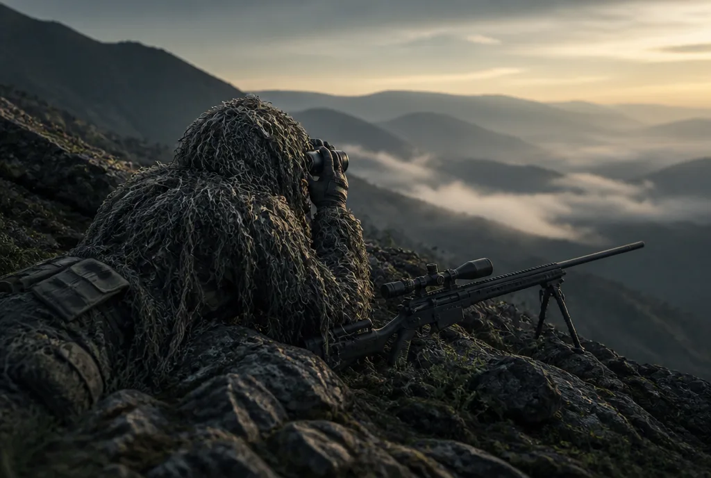 Scharfschuetze im Ghillie-Anzug liegt im Morgengrauen auf einem Felsgrat und beobachtet mit dem Fernglas