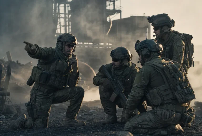 Squad Leader kniet und spricht ins Funk-Headset, das Squad hört zu