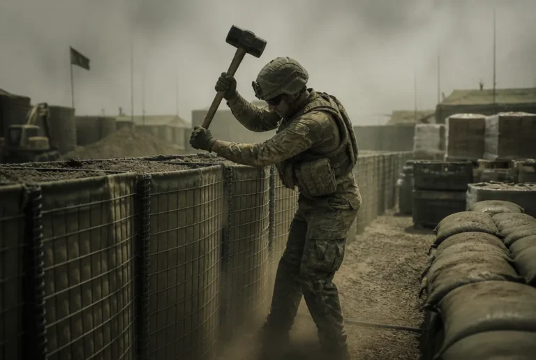 Soldat baut mit schwerem Hammer eine HESCO-Mauer in einer Forward Operating Base, Nachschubpaletten daneben
