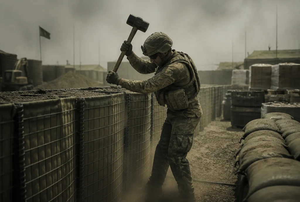 Soldat baut mit schwerem Hammer eine HESCO-Mauer in einer Forward Operating Base, Nachschubpaletten daneben