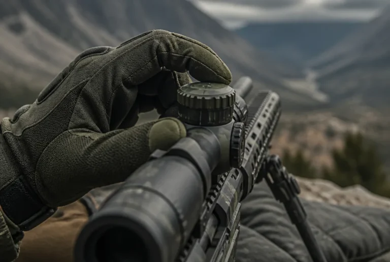 Nahaufnahme einer behandschuhten Hand, die den Hoehenverstellturm eines Zielfernrohrs dreht, Gewehr auf Zweibein