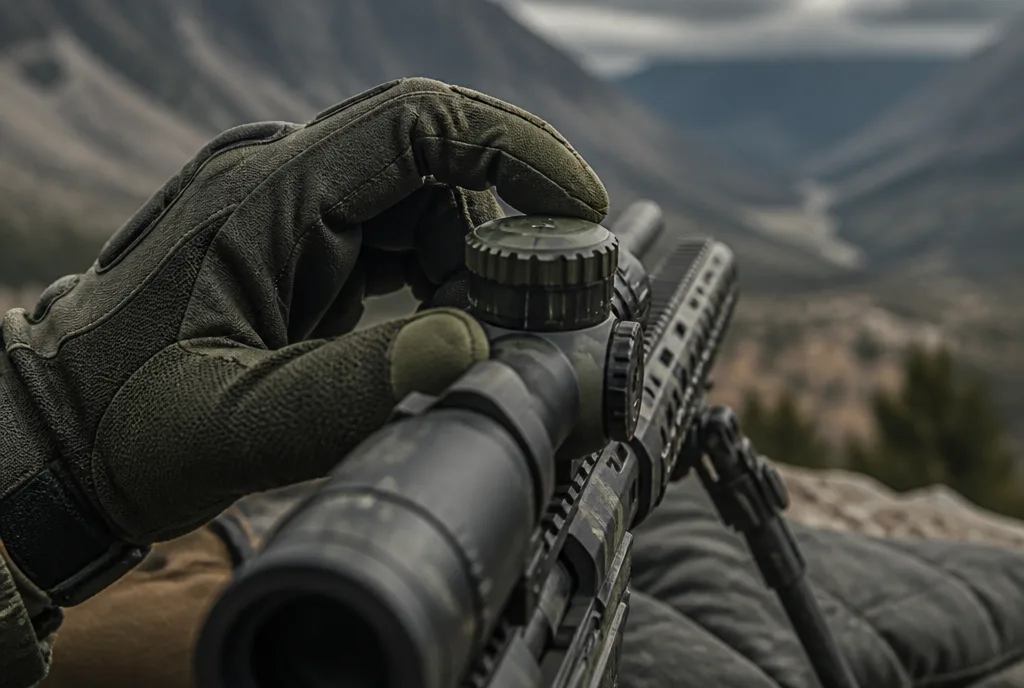Nahaufnahme einer behandschuhten Hand, die den Hoehenverstellturm eines Zielfernrohrs dreht, Gewehr auf Zweibein