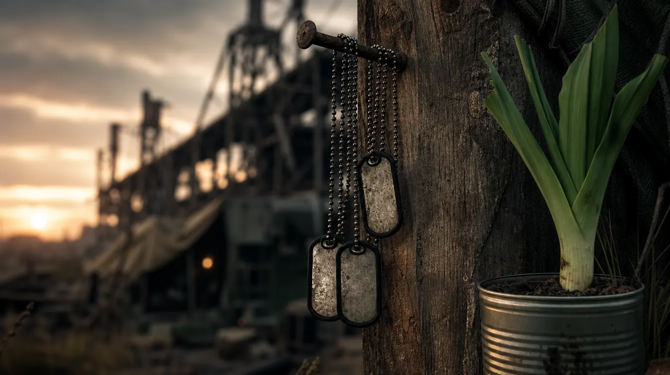 Warleek: Dogtags am Holzpfosten neben einem Lauch in einer Blechdose