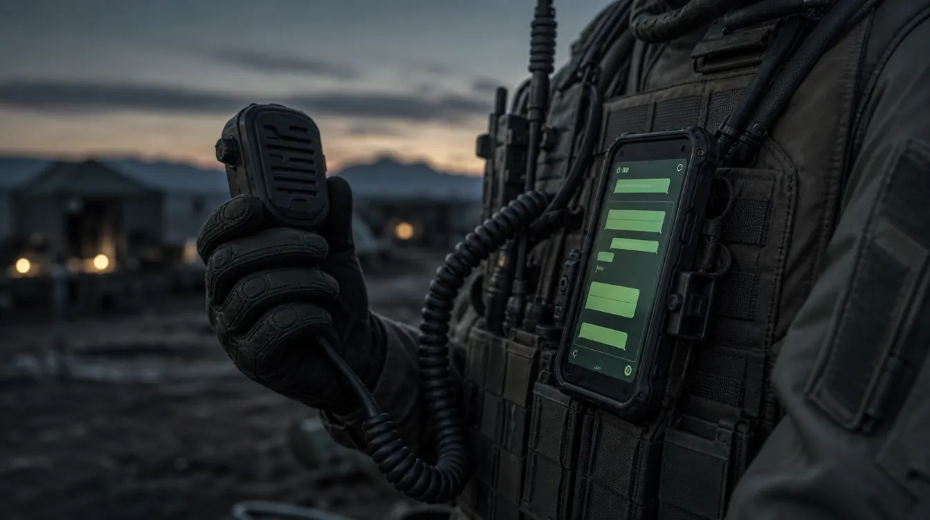 Wardogs Chat: Funkgerät und Smartphone mit Chat am Plate Carrier