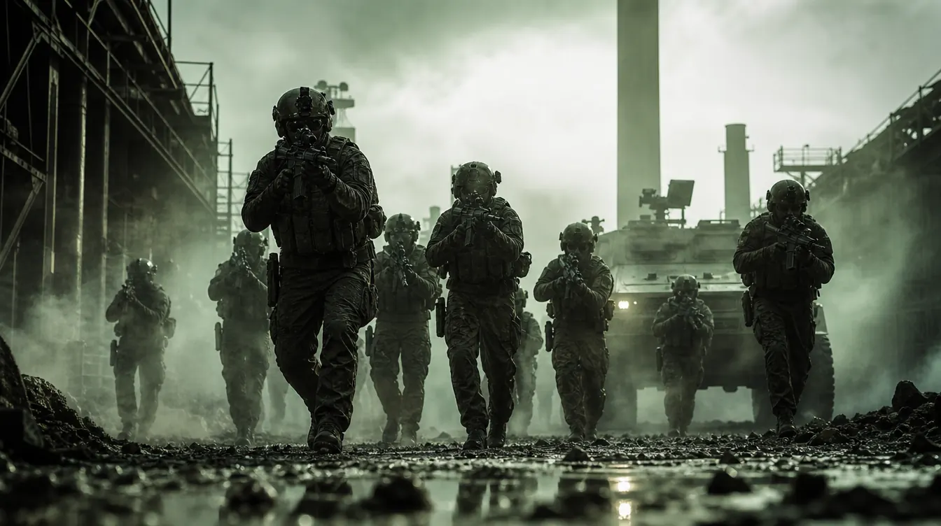 Wardogs Clan: Squad rückt geschlossen durch Morgennebel zwischen Industrieruinen vor