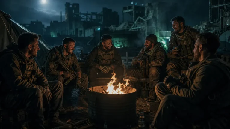 Wardogs Community: Spieler sitzen abends gemeinsam an einer Feuertonne im Lager