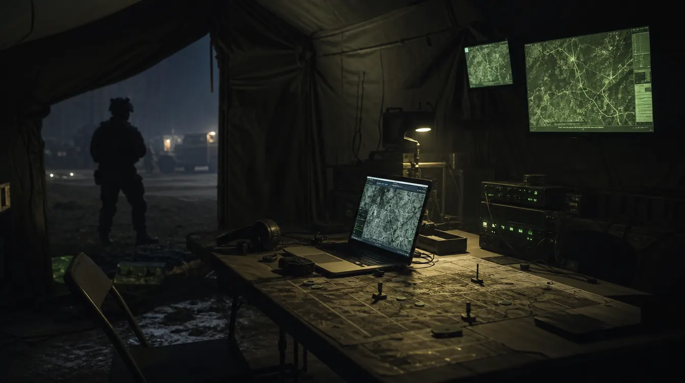 Wardogs Discord: Kommandozelt mit Laptop, Headset und Funkgeräten bei Nacht