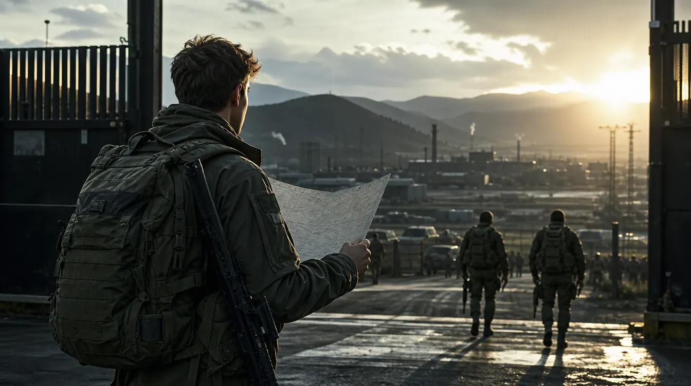Neuling mit Rucksack und Karte am Spawn-Tor, Blick auf das Industrietal bei Sonnenaufgang