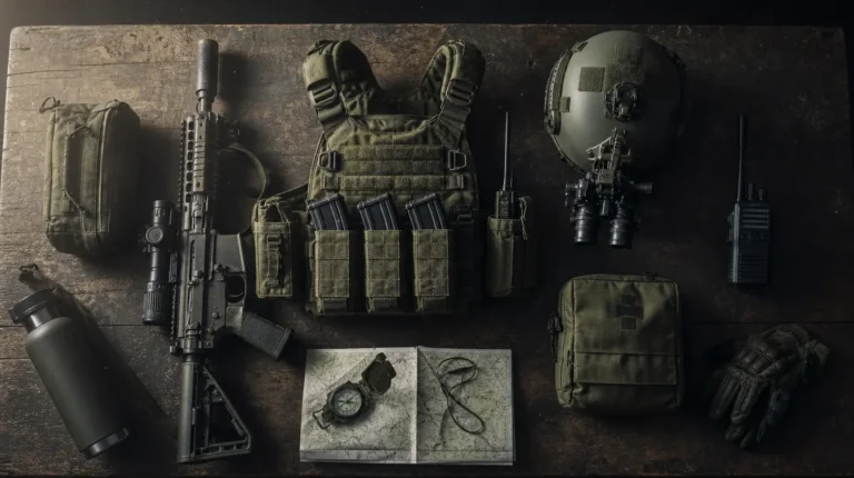 Wardogs Equipment: Plate Carrier, Gewehr, Helm, Funkgerät und Medkit auf einem Tisch