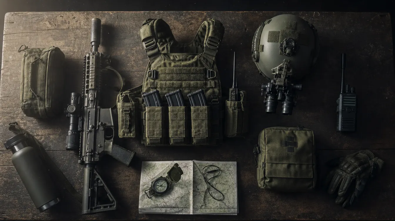 Wardogs Equipment: Plate Carrier, Gewehr, Helm, Funkgerät und Medkit auf einem Tisch