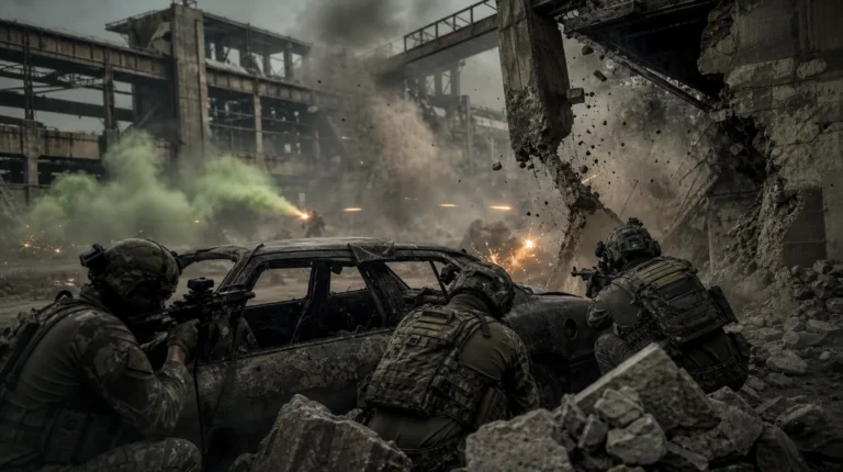 Wardogs Gameplay: Feuergefecht hinter einem Autowrack in einer Industriestraße