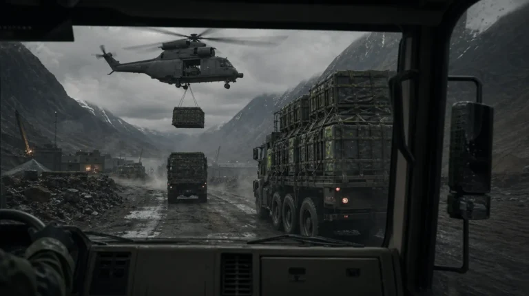 Wardogs Logistik: Blick aus dem Versorgungs-LKW, Helikopter mit Palette am Haken