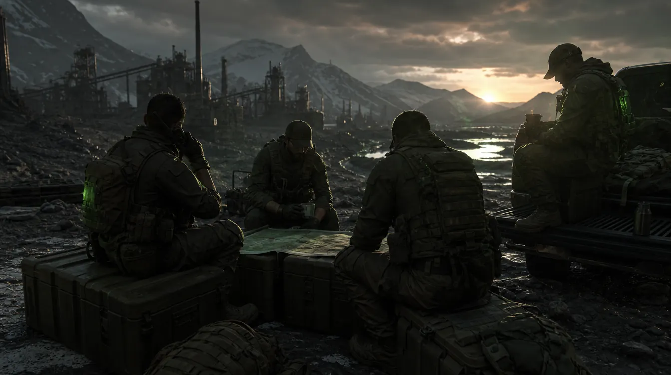 Wardogs Team: Soldaten besprechen am Feierabend eine Karte an der Ladefläche eines LKW