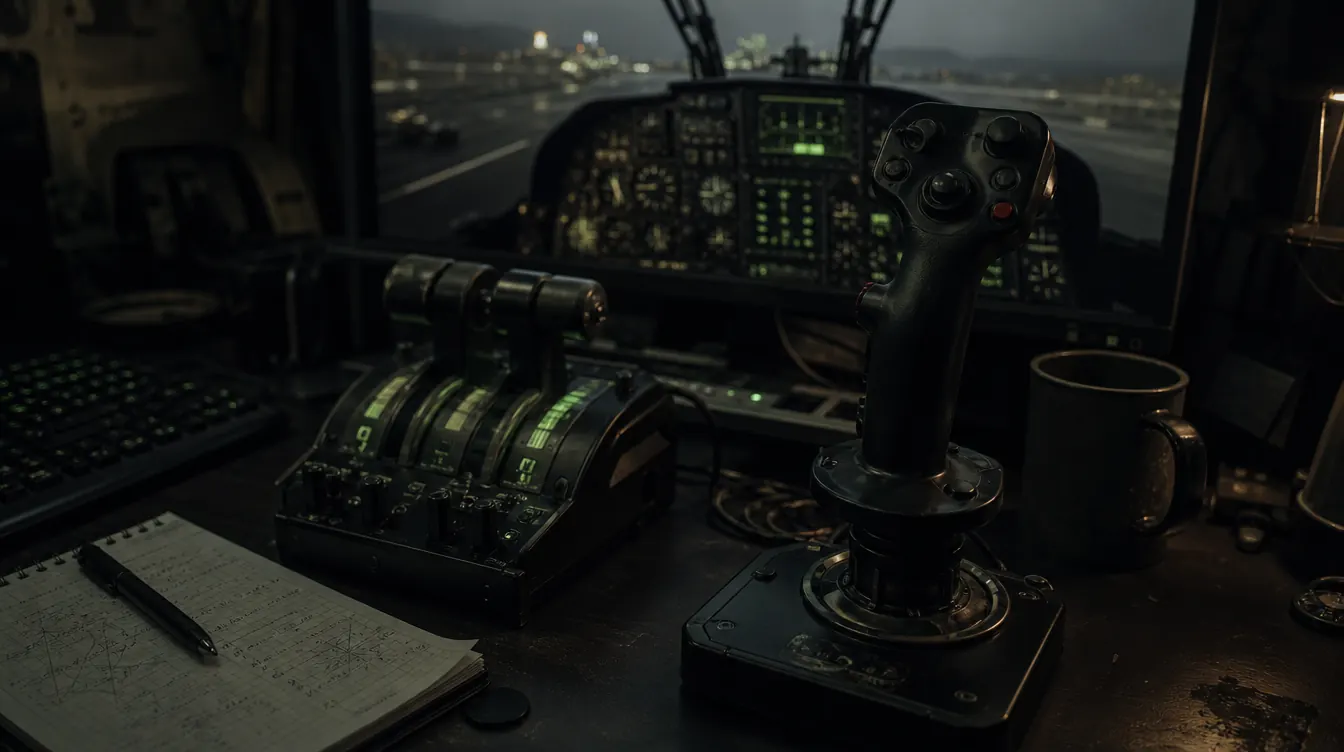 Flightstick und Schubregler vor einem Monitor mit Helikopter-Cockpit