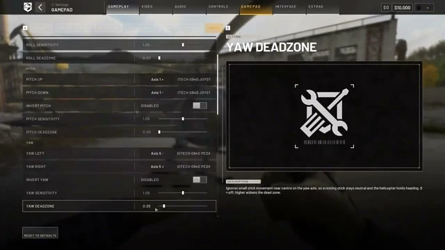 Das Gamepad-Menü von Wardogs mit den Werten für Roll, Pitch und Yaw: Empfindlichkeit 1.05, Deadzone 0.00, nur beim Gieren 0.05.