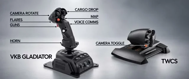 Joystick und Schubhebel mit beschrifteten Tasten: Kameradrehung, Fracht abwerfen, Täuschkörper, Karte, Funk, Waffen.