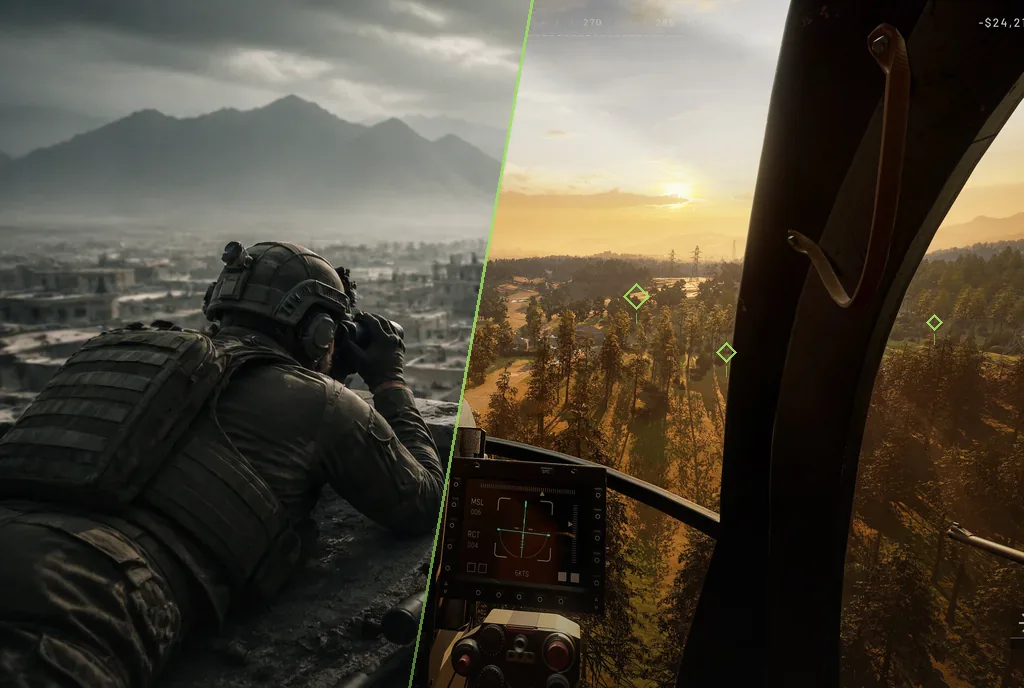 Montage aus zwei Bildern - links ein Beobachter mit Fernglas auf einem Dach, rechts der Blick aus einem Helikoptercockpit mit eingezeichneten Markierungen
