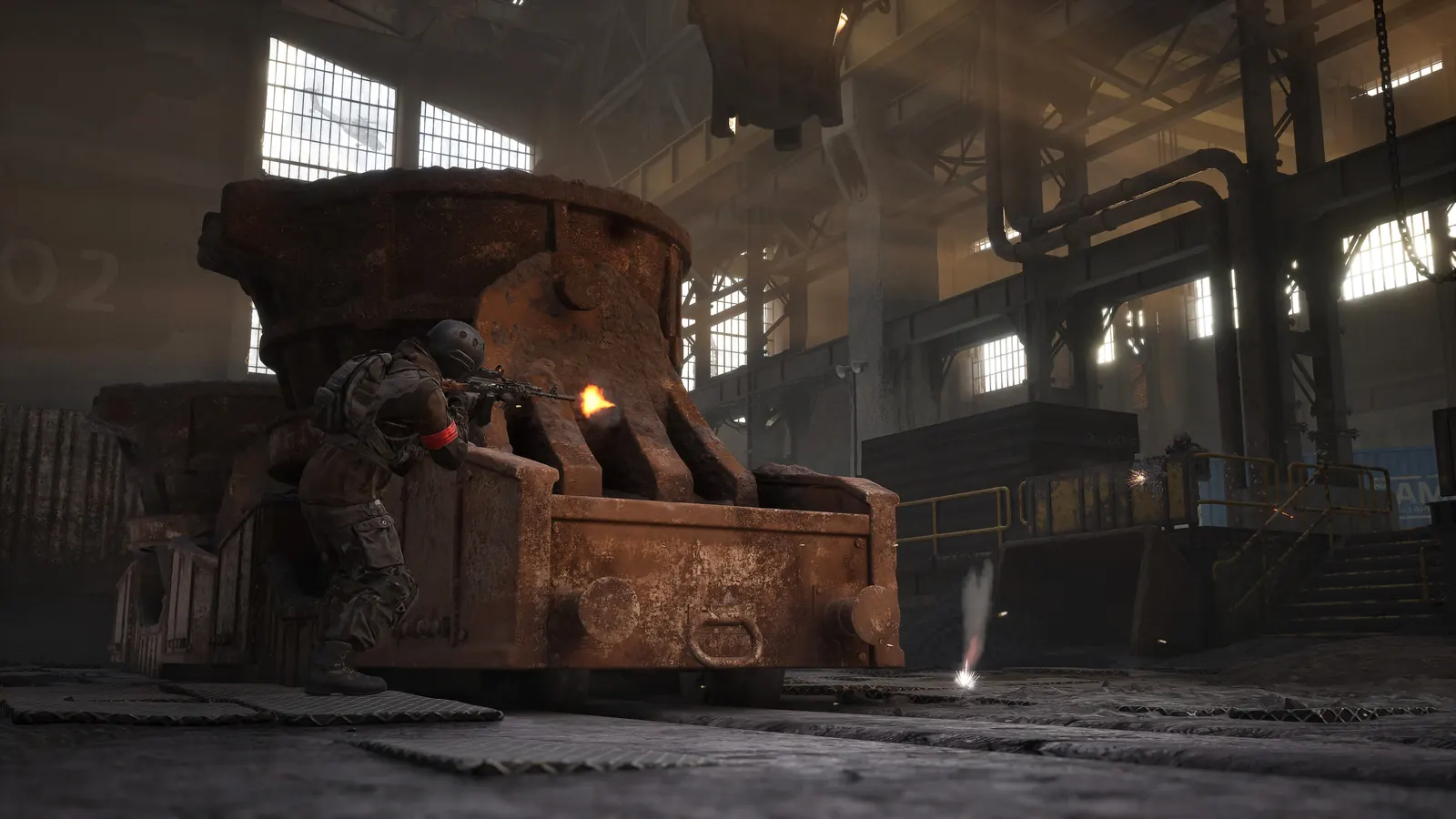 WARDOGS-Spielszene: Soldat in Deckung in einer Industriehalle – Symbolbild für Ausrüstung